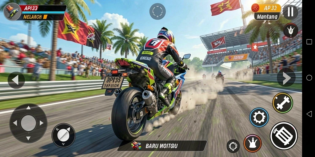 Tampilan gameplay seru dengan balapan motor yang mendebarkan.