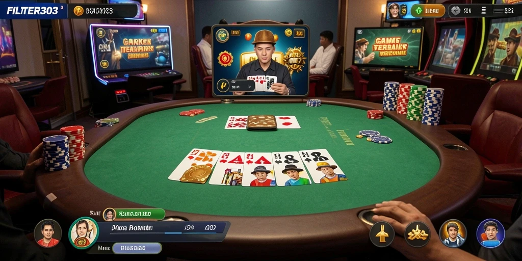 Screenshot gameplay FILTER303 menampilkan keseruan bermain Poker secara online.