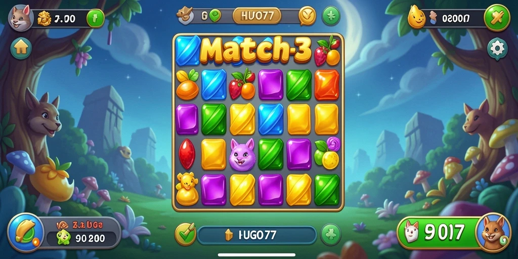 Tangkapan layar gameplay HUGO77 yang menampilkan pencocokan elemen warna-warni.