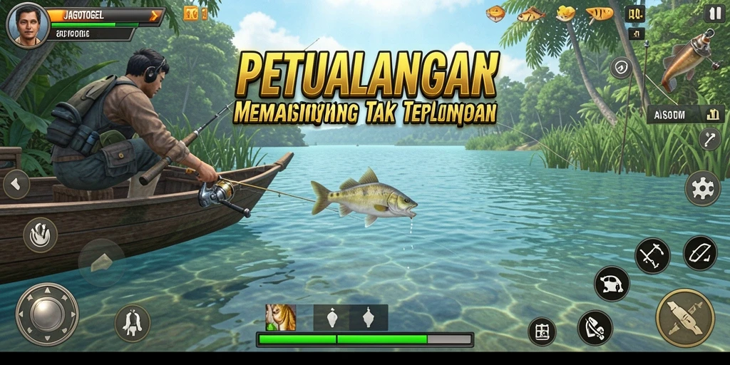 Gameplay memancing seru di JAGOTOGEL dengan ikan dan lokasi menarik.