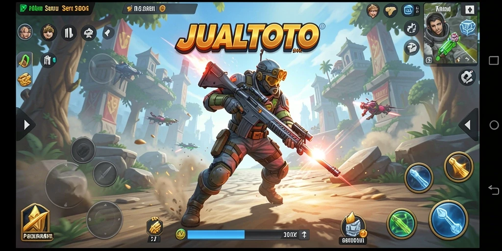 Screenshot JUALTOTO menampilkan karakter dalam aksi pertempuran yang mendebarkan.