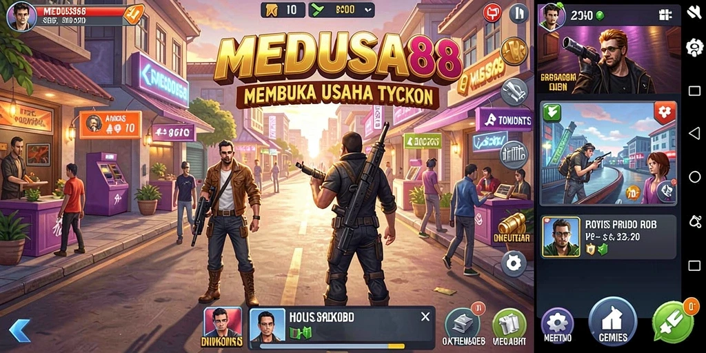 Screenshot utama MEDUSA88 menampilkan aksi seru dalam menjalankan bisnis Tycoon.