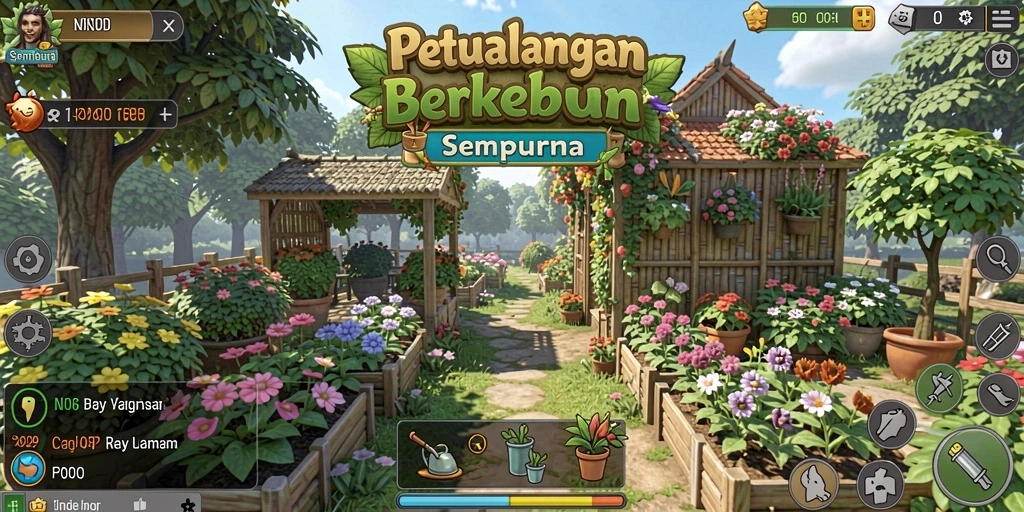 Tampilan gameplay mendebarkan dari kebun yang subur dan tanaman yang hidup.