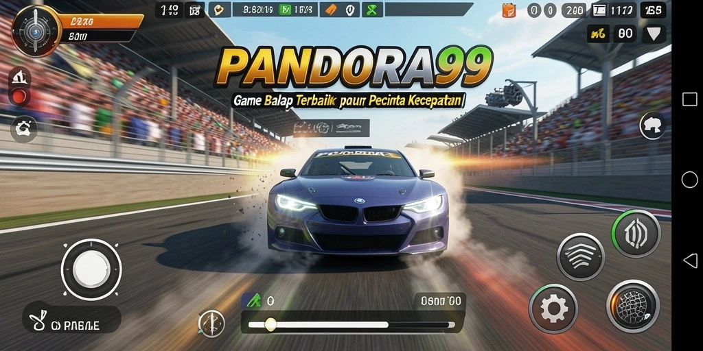 Screenshot menunjukkan aksi balapan mendebarkan dalam PANDORA99.