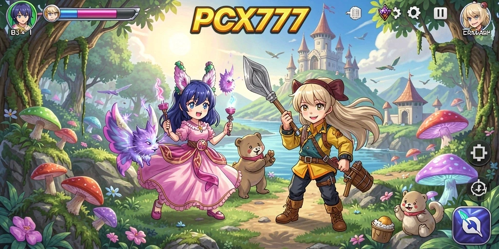 Tampilan gameplay PCX777 yang penuh aksi dan karakter anime unik.