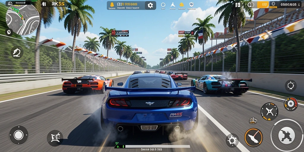 Tampilan gameplay RK55 yang mendebarkan dan penuh aksi balapan.
