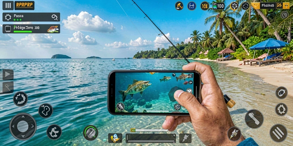Screenshot gameplay RPRPRP dengan suasana memancing yang menyenangkan.