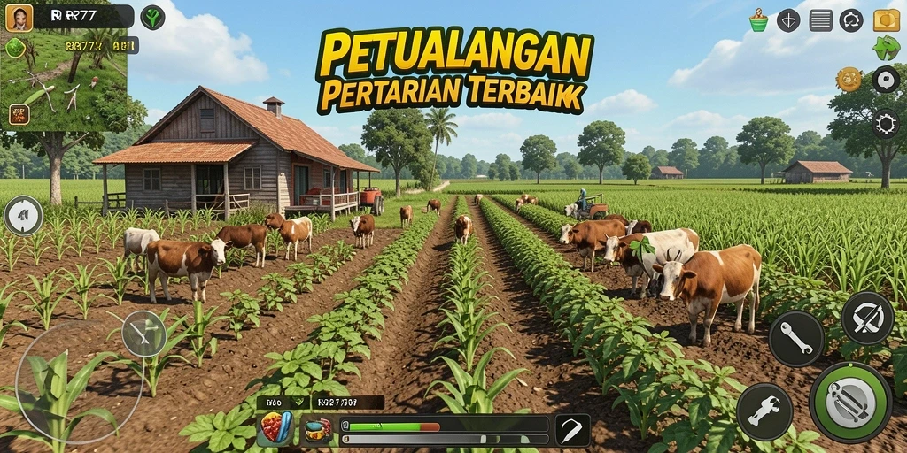 Tangkapan layar menunjukkan gameplay pertanian yang menarik dan interaktif.
