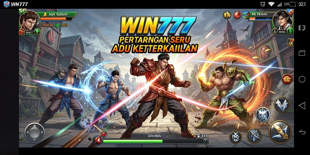 Tangkapan layar menunjukkan pertarungan seru dalam WIN777 dengan karakter yang beraksi.