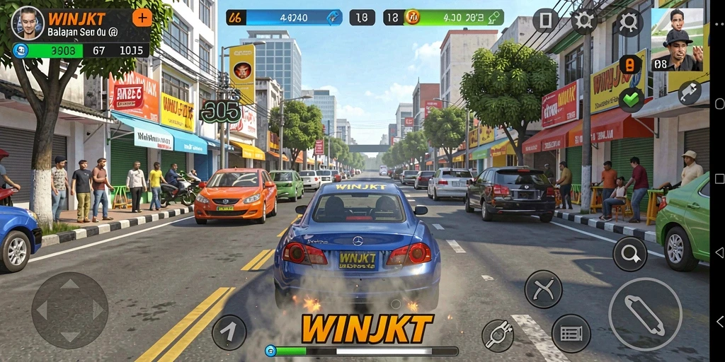 Screenshot gameplay WINJKT menampilkan aksi balapan yang mendebarkan.